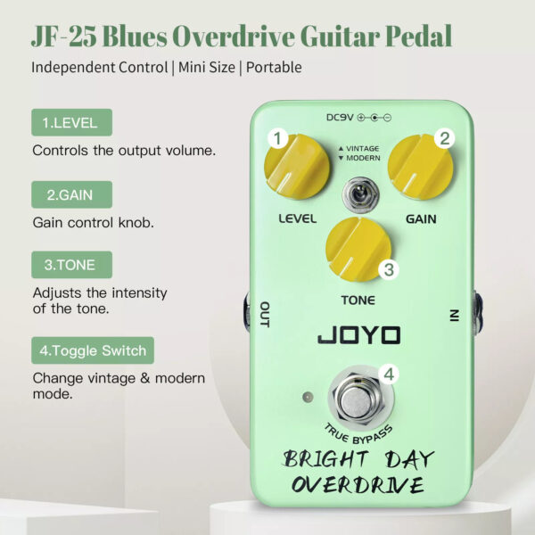 JOYO JF-25 Bright Day Overdrive + High Gain Distortion Vintage + Modern Tone Electric Guitar/Bass Pedal - Image 5
