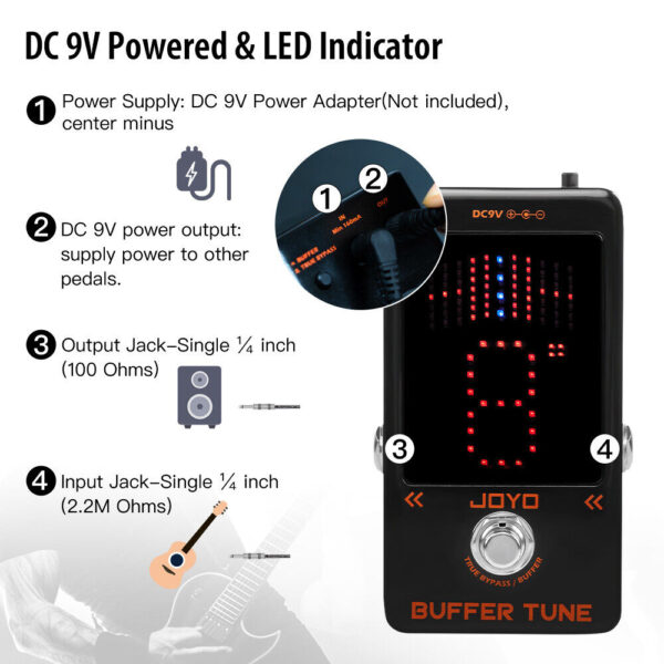 JOYO JF-19 Buffer Tune Pedal Accurate Tuner LED Screen Electric Bass, Guitar etc - Image 3