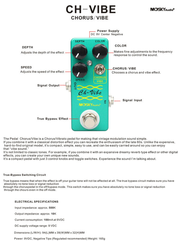 Mosky CH Vibe Chorus Vibe Vibrato Guitar Effect Pedal Depth Color Speed Knob - Image 4