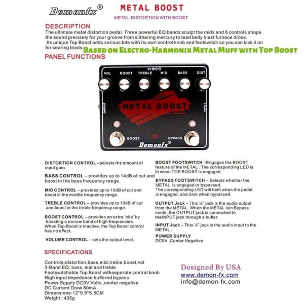 Demonfx METAL BOOST Guitar Effect Pedal Metal Distortion Muff With TOP BOOST - Image 3