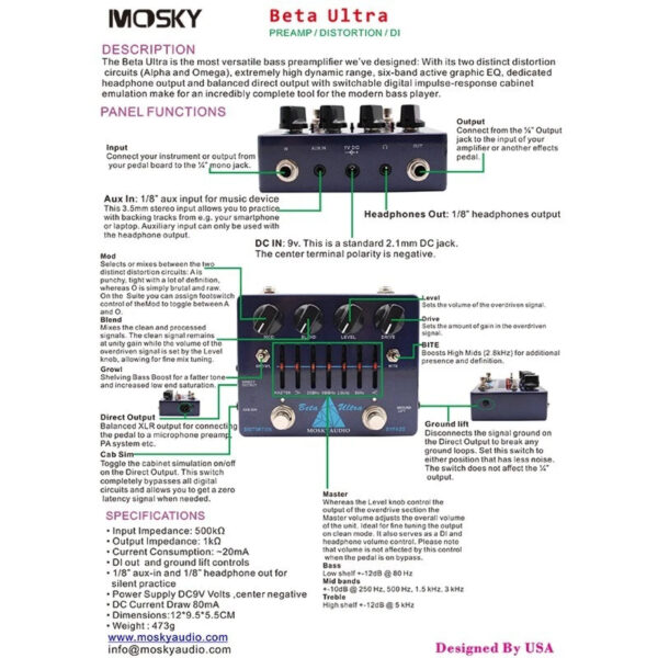 Mosky Beta Ultra Guitar / Bass Preamp Distortion Direct Box AUX In Headphone Out - Image 3