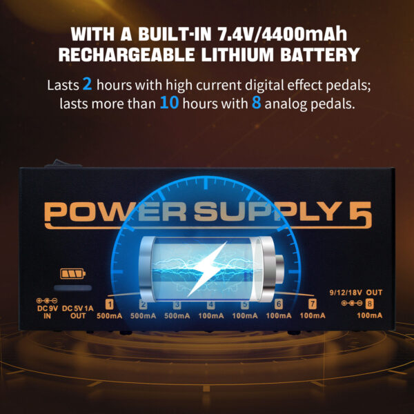 Joyo JP-05 Power Supply 5 Pedal Power Supply 8 Outputs 9v 12v 18v USB Rechargeable - Image 3