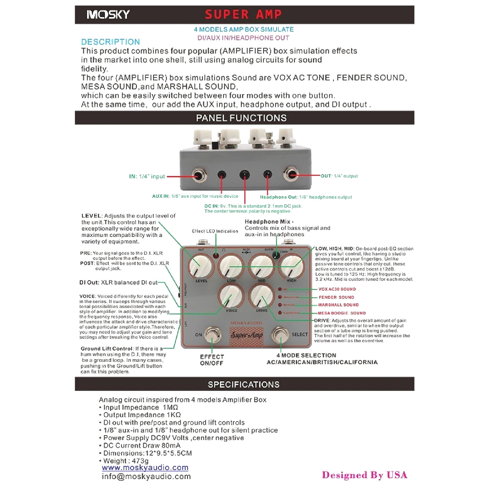 Mosky Super Amp 4 Amp Sim Options Speaker Simulation Guitar FX Pedal XLR AUX IN - Image 7